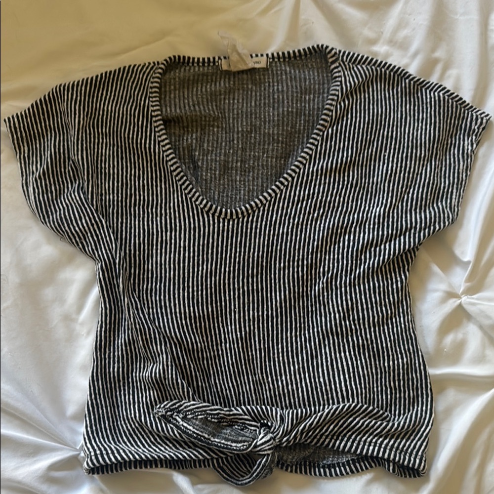 Black and White Striped Short Sleeve Top-tie front